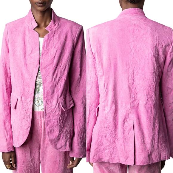 Zadig & Voltaire Very Daim Froisse Crinkled Suede Tulip Pink Blazer Jacket 34 XS - Picture 6 of 14